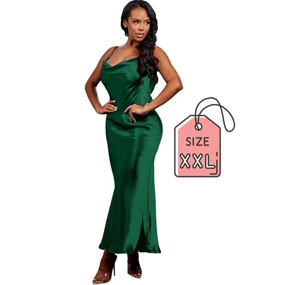💚 NEW Satin Silky Sexy Cowl Neck Backless Tie Strap Mermaid Green Dress XXL